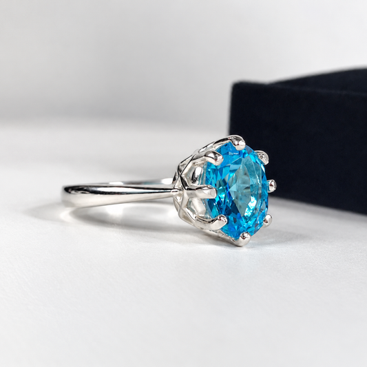 3.5ct Oval Cut Swiss Blue Topaz Art Deco Inspired Solitaire Ring