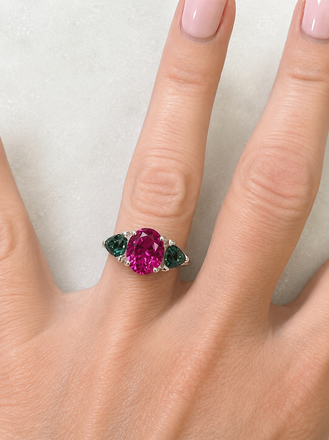 Watermelon Ring | 5CTW Oval Pink Sapphire Ring | Trillion Green Tourmaline Three Stone Ring