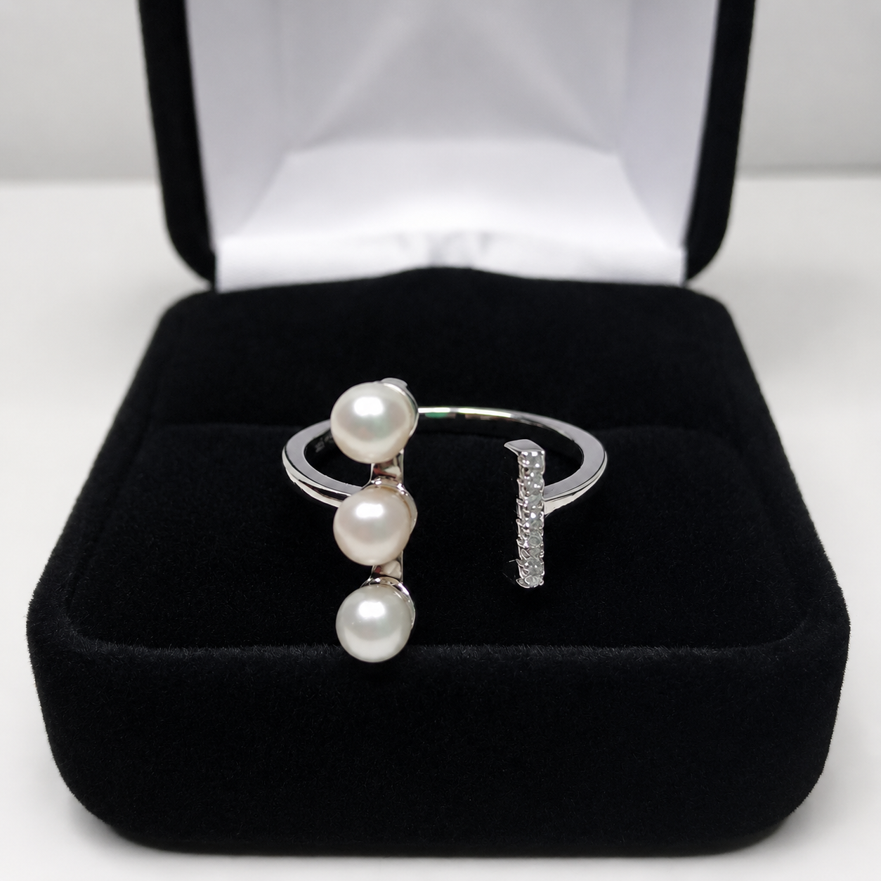 Sterling Silver Pearl Ring with Cubic Zirconia Accents | Adjustable Minimalist Pearl Ring for Women | Elegant Everyday Jewelry