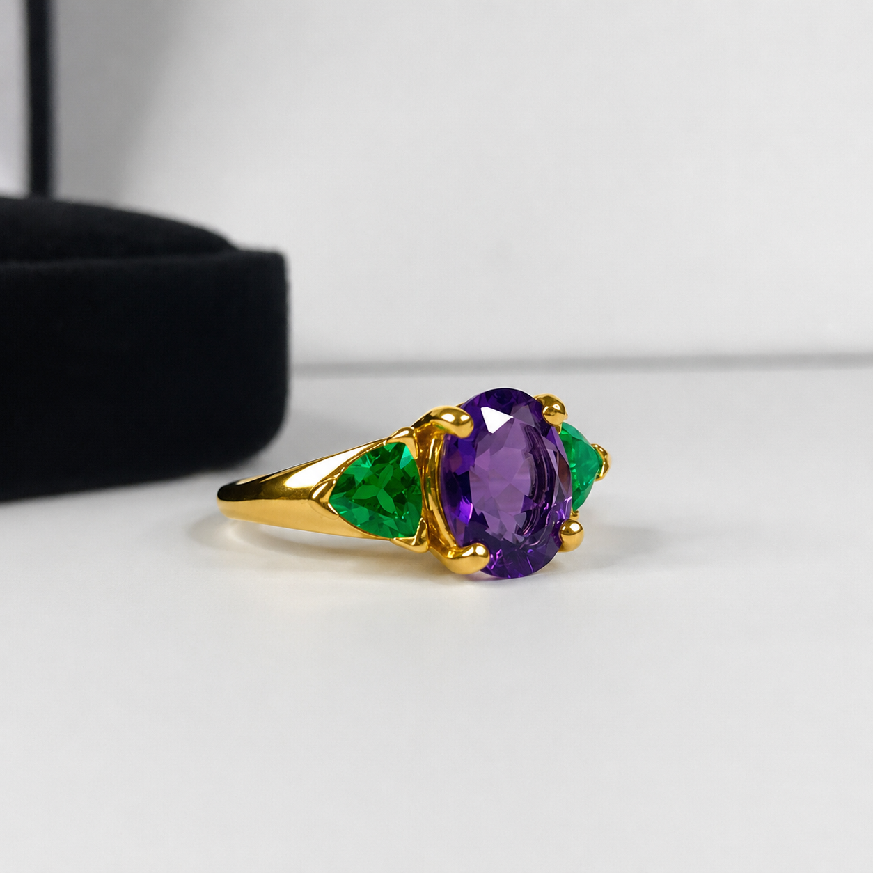 4CTW Oval Cut Amethyst & Trillion Cut Emerald Ring | Mardi Gras Ring