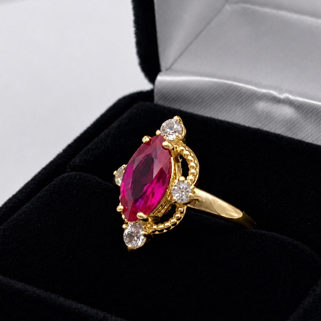 2.4ct Marquise Cut Ruby Ring with Diamond Accents | Vintage Inspired Sculptural Design
