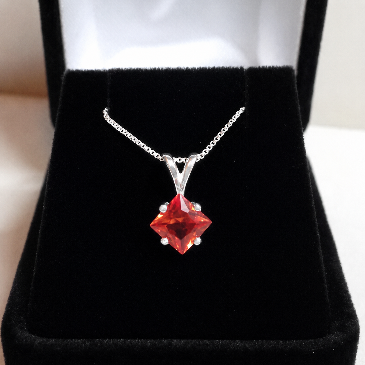 1.2ct Princess Cut Orange Padparadscha Sapphire Solitaire Pendant Necklace