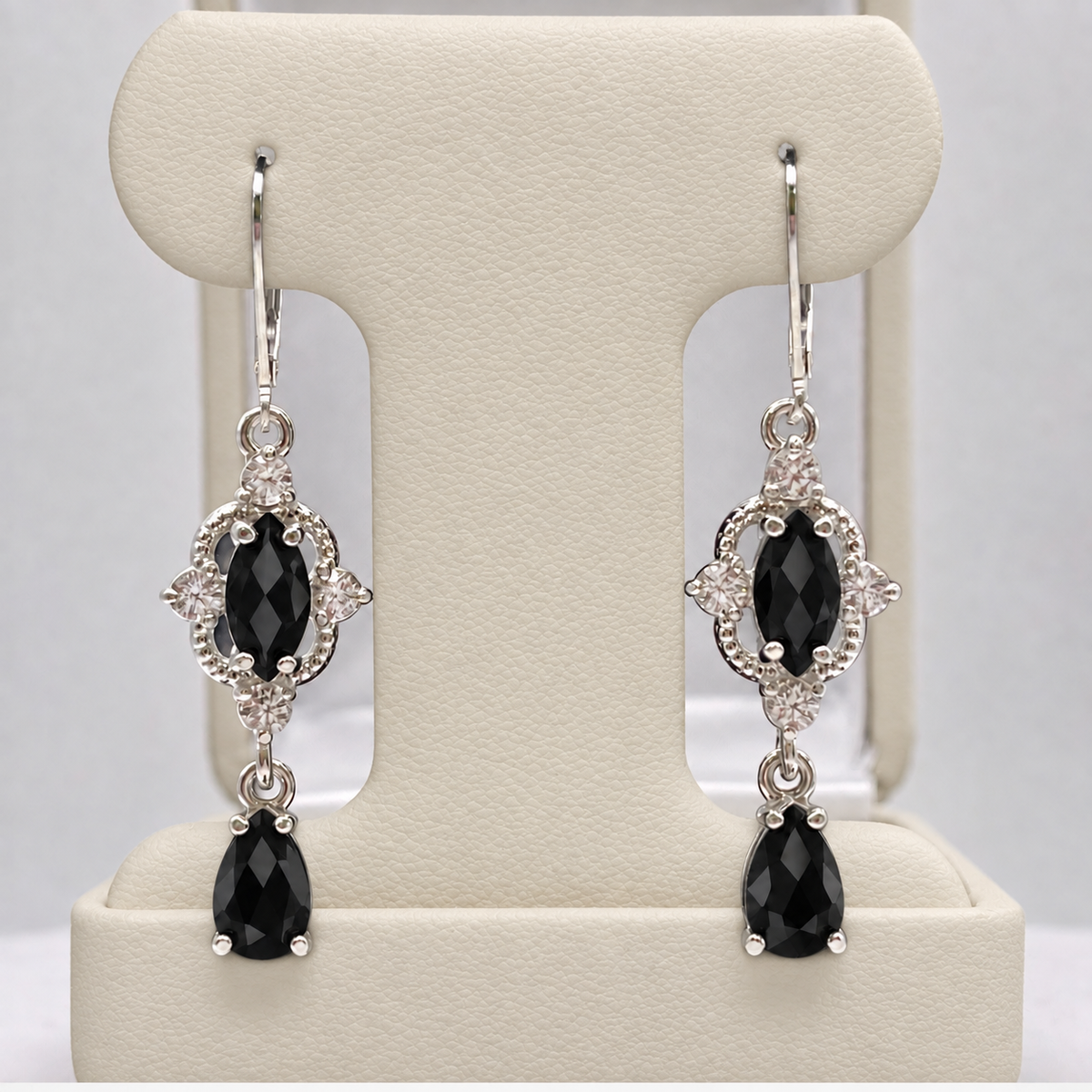 Marquise Black Onyx & White Sapphire Dangle Earrings