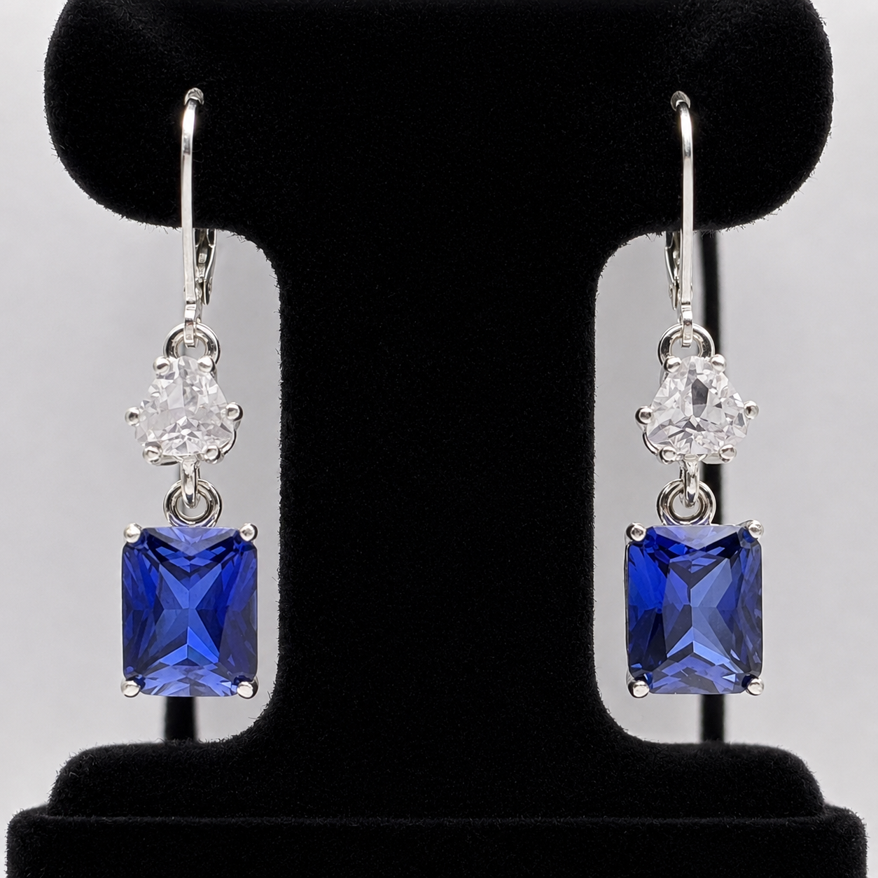 9ctw Emerald Cut Blue Sapphire & White Sapphire Dangle Earrings