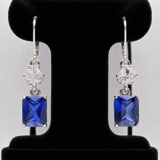 9ctw Emerald Cut Blue Sapphire & White Sapphire Dangle Earrings
