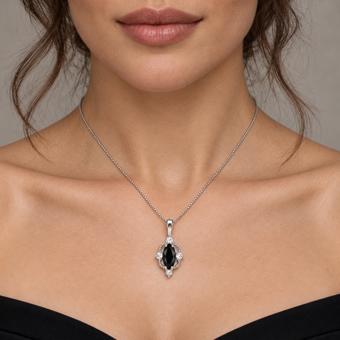 Marquise Black Onyx & White Sapphire Pendant Necklace