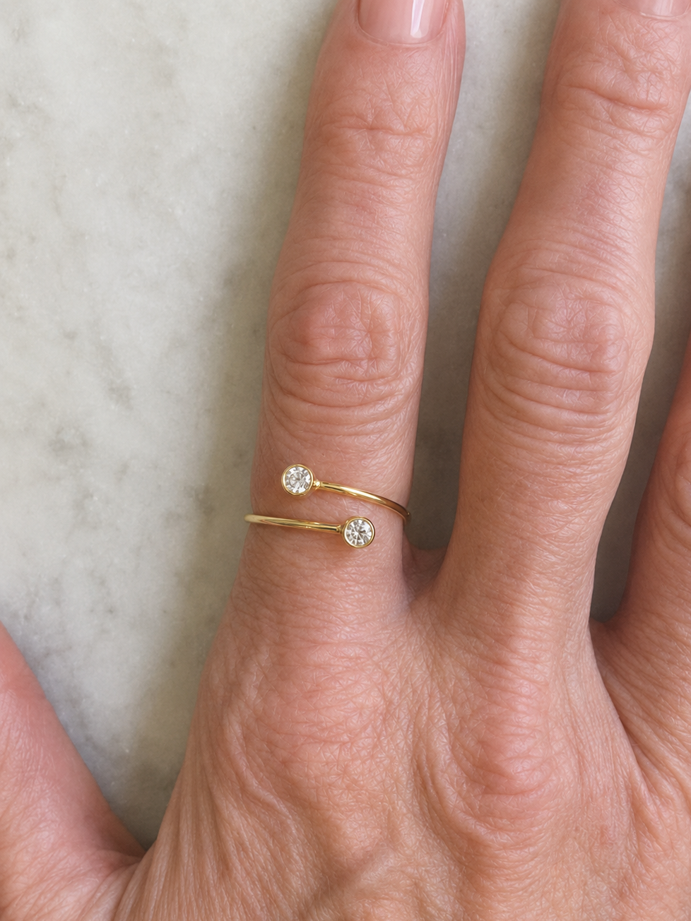 14K/20 Yellow Gold Filled Adjustable Cubic Zirconia Open Ring – Minimalist Double Bezel Set CZ Wrap Ring for Women