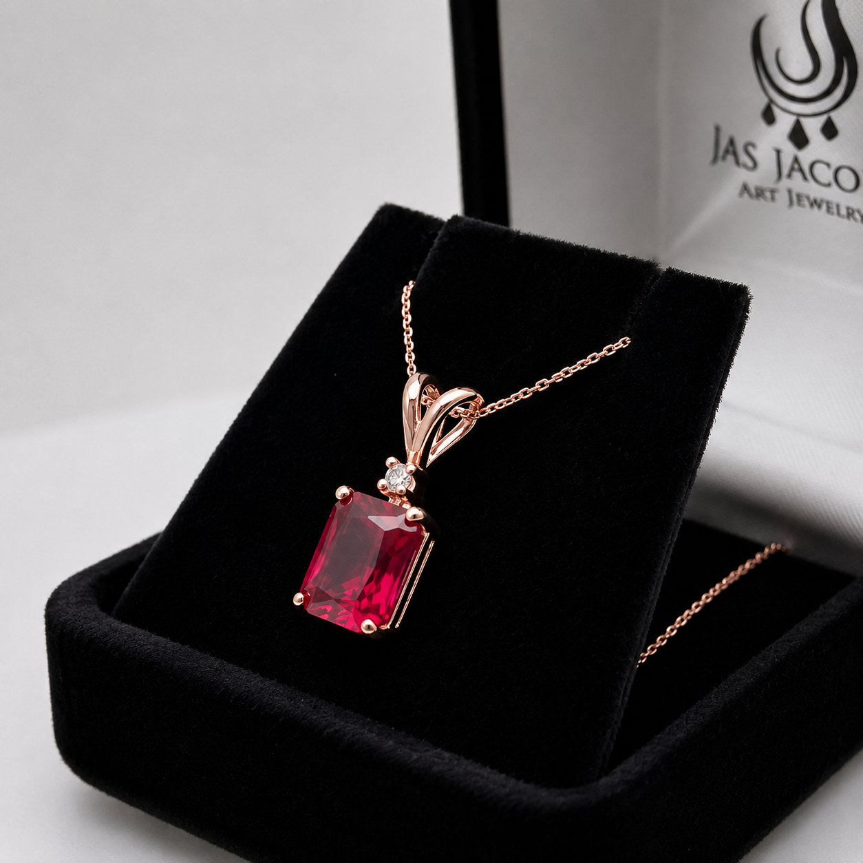 3CTW Emerald Cut Ruby Pendant Necklace | Diamond Accent