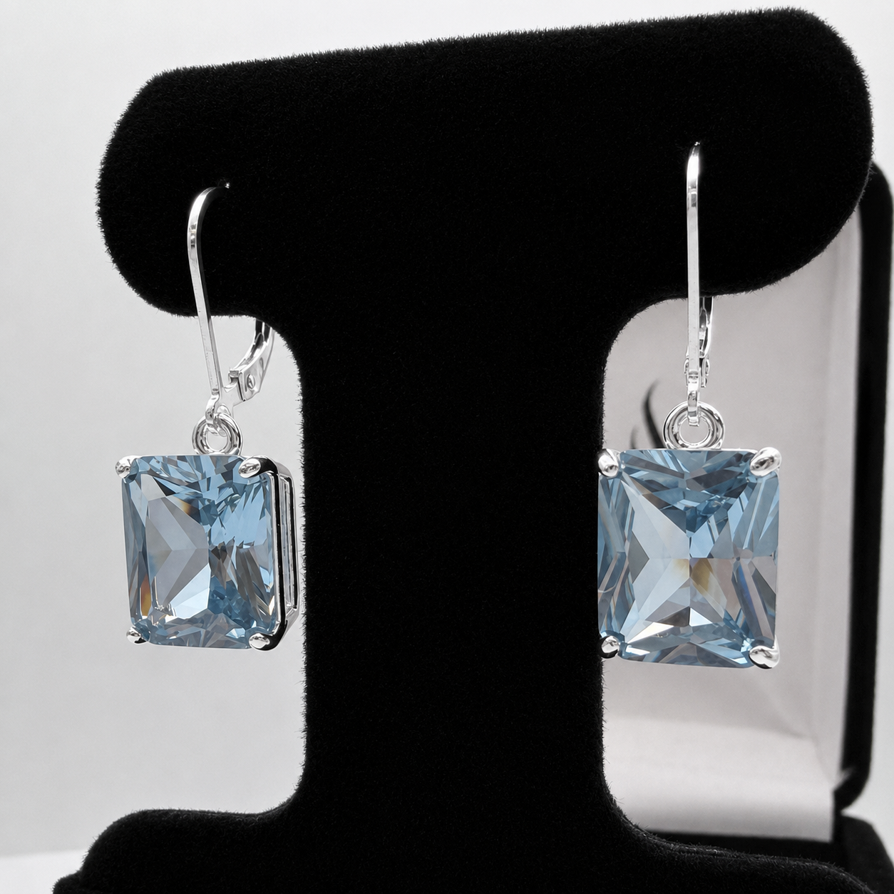12ctw Emerald Cut Blue Spinel Earrings | Statement Dangle Earrings | Blue Gemstone Leverback Earrings