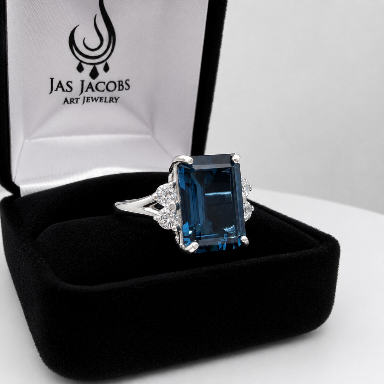 7ct Emerald Cut London Blue Spinel and White Topaz Ring | Split Shank Cathedral Ring | 10k or 14k Gold