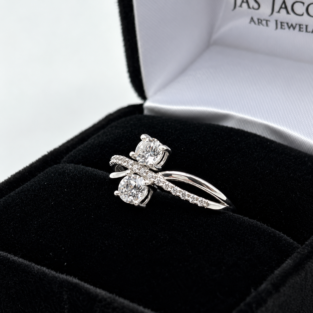 White Sapphire Two Stone Bypass Ring with Pavé Twist