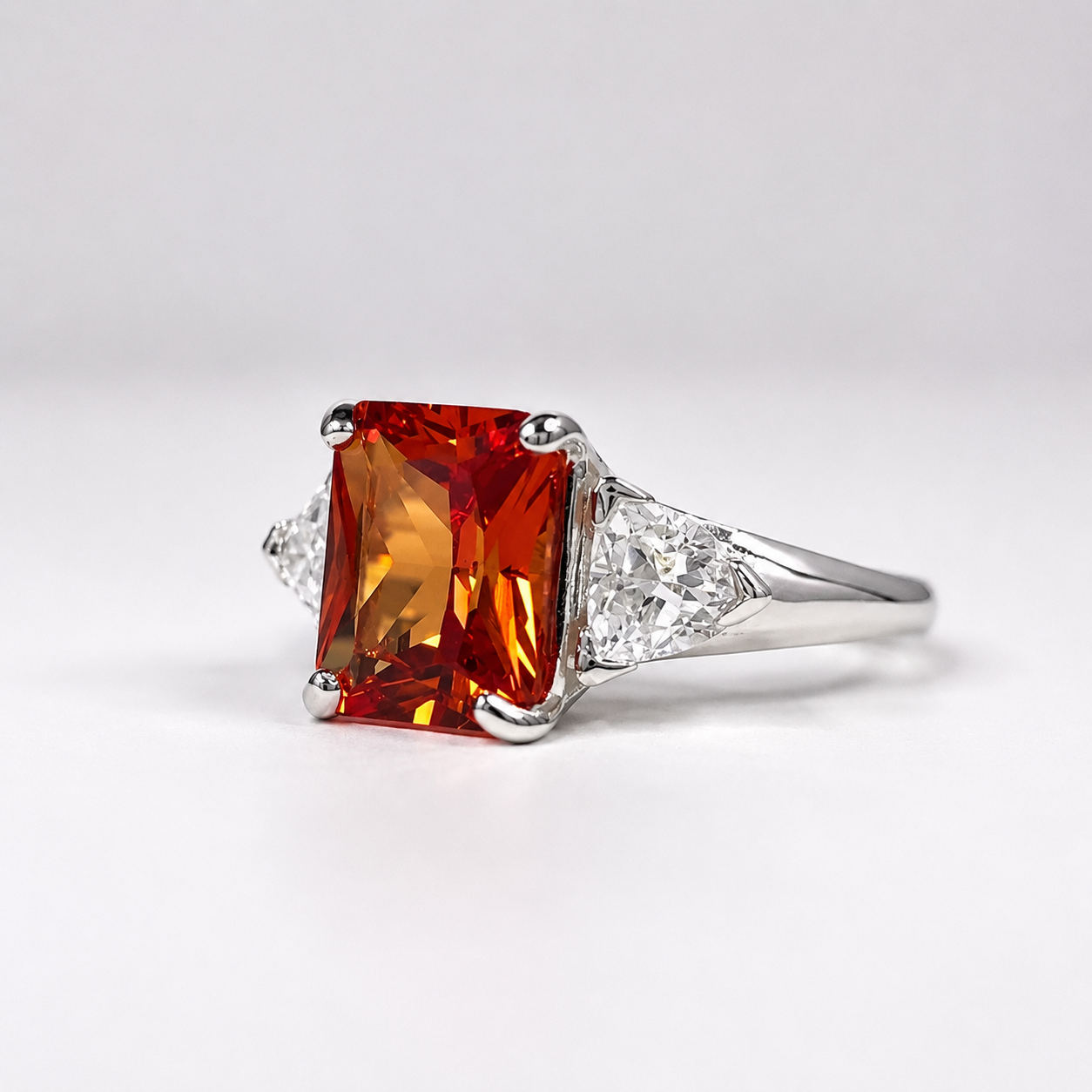 5.5ct Emerald Cut Padparadscha Sapphire Ring | Trillion Cut White Sapphire Three Stone Ring