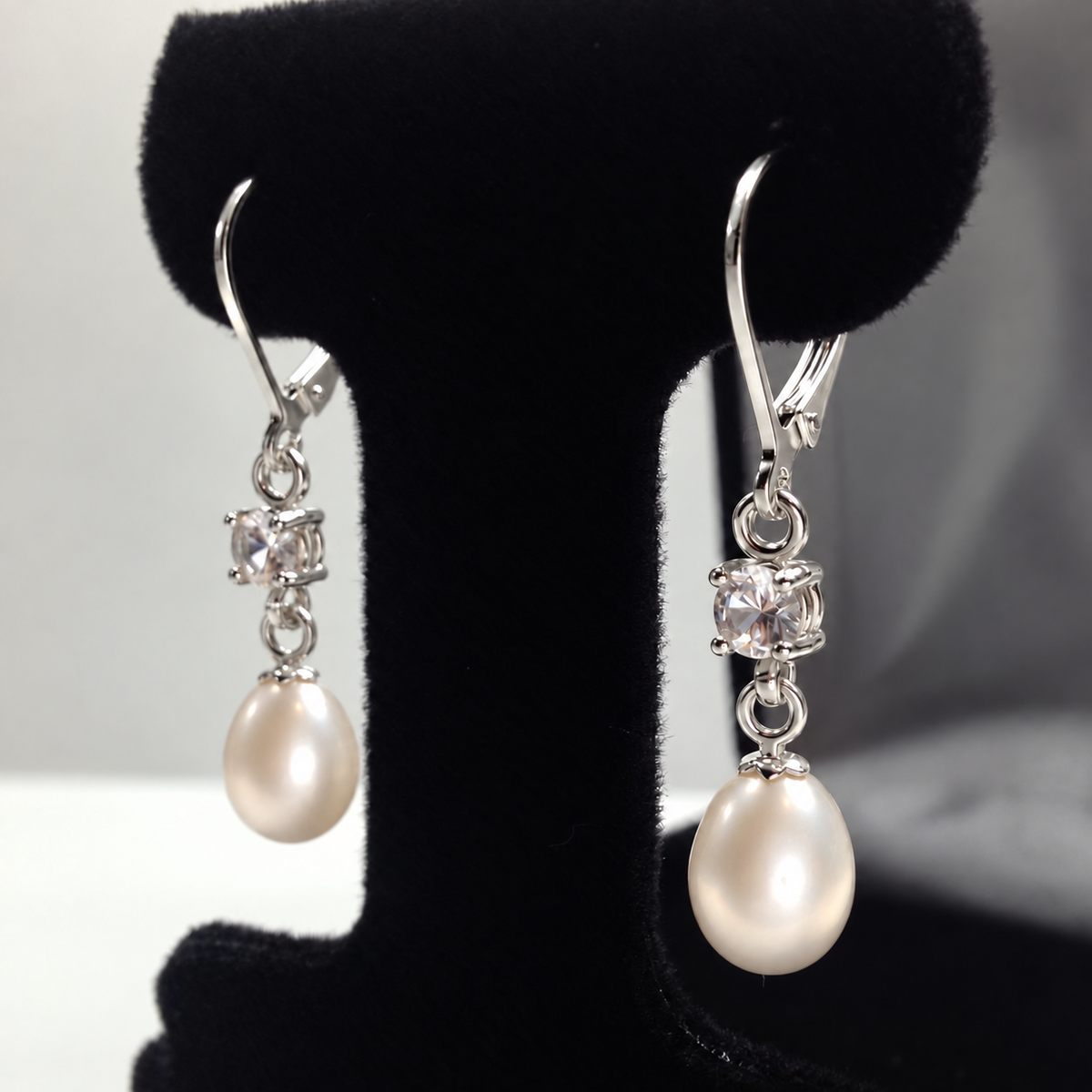 Pearl & White Sapphire Leverback Drop Earrings
