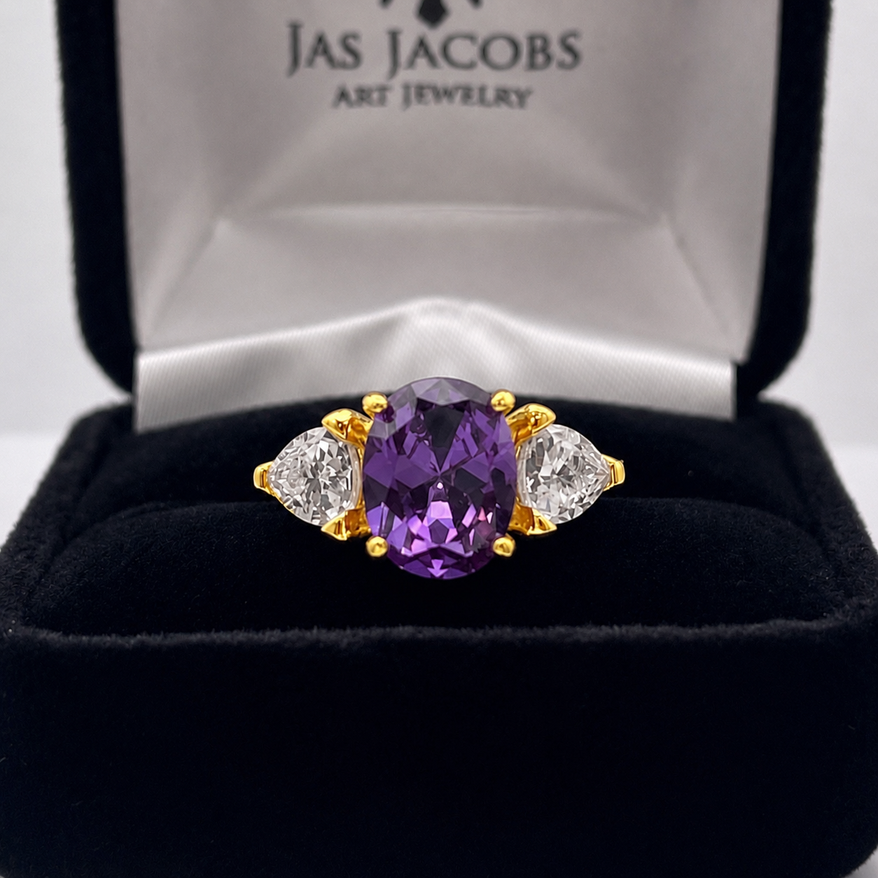 4ctw Color Change Alexandrite Sapphire Ring | Trillion White Sapphires | Three-Stone Ring
