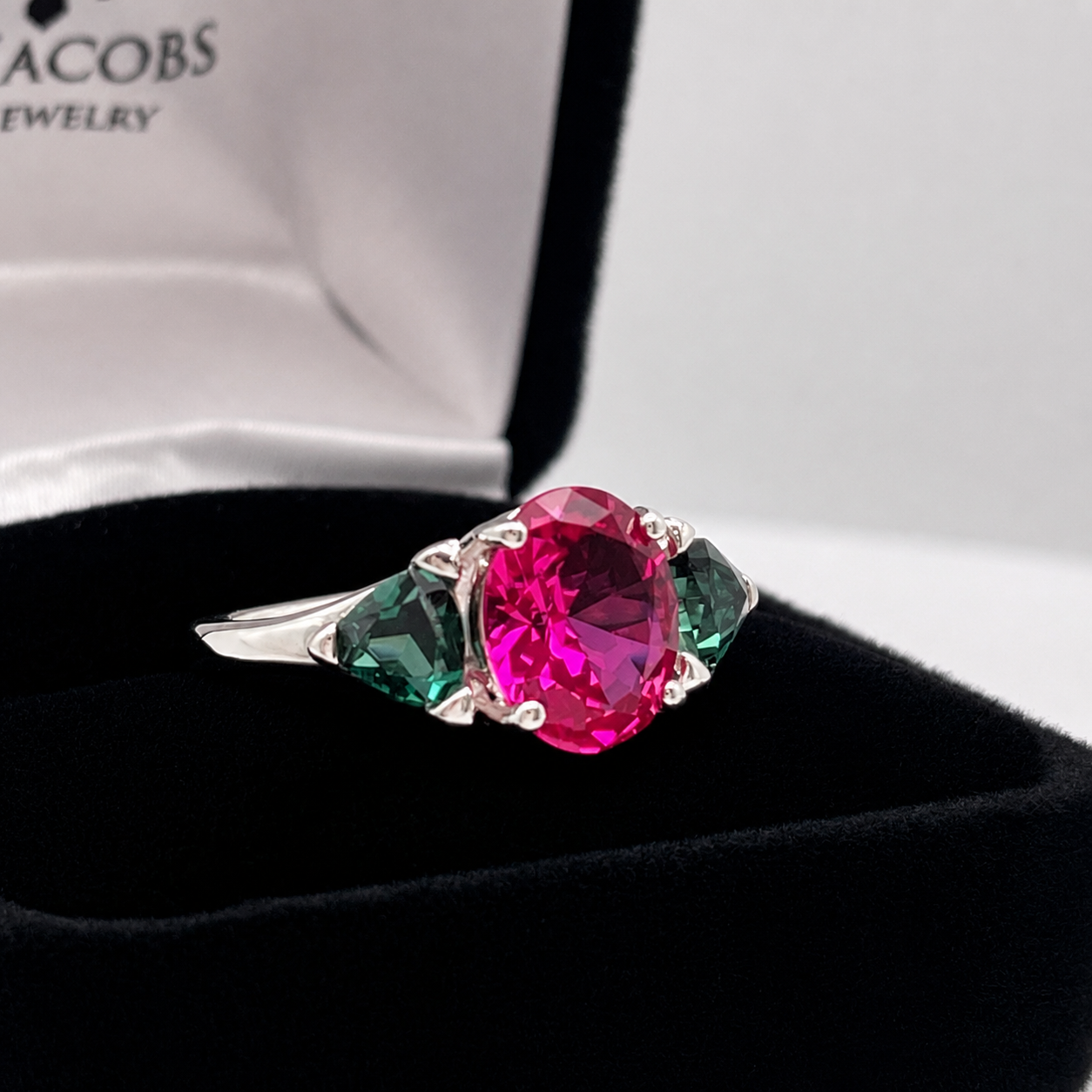 Watermelon Ring | 5CTW Oval Pink Sapphire Ring | Trillion Green Tourmaline Three Stone Ring