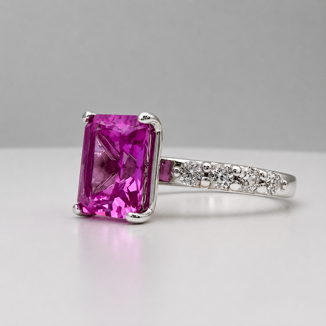 4.64CTW Emerald Cut Pink Sapphire Ring with 8 Brilliant Diamond Accents