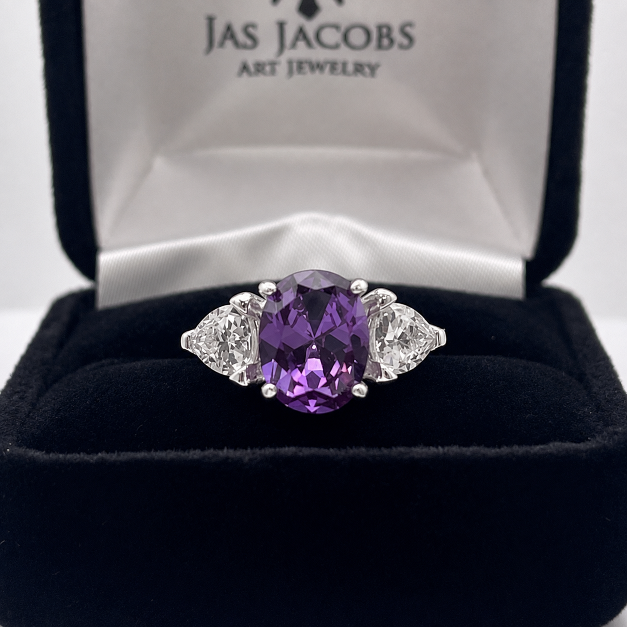 4ctw Color Change Alexandrite Sapphire Ring | Trillion White Sapphires | Three-Stone Ring