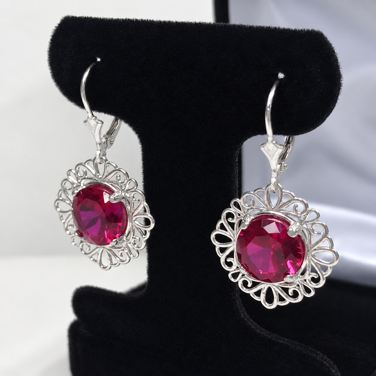 9ctw Round Lab Grown Ruby Filigree Drop Earrings