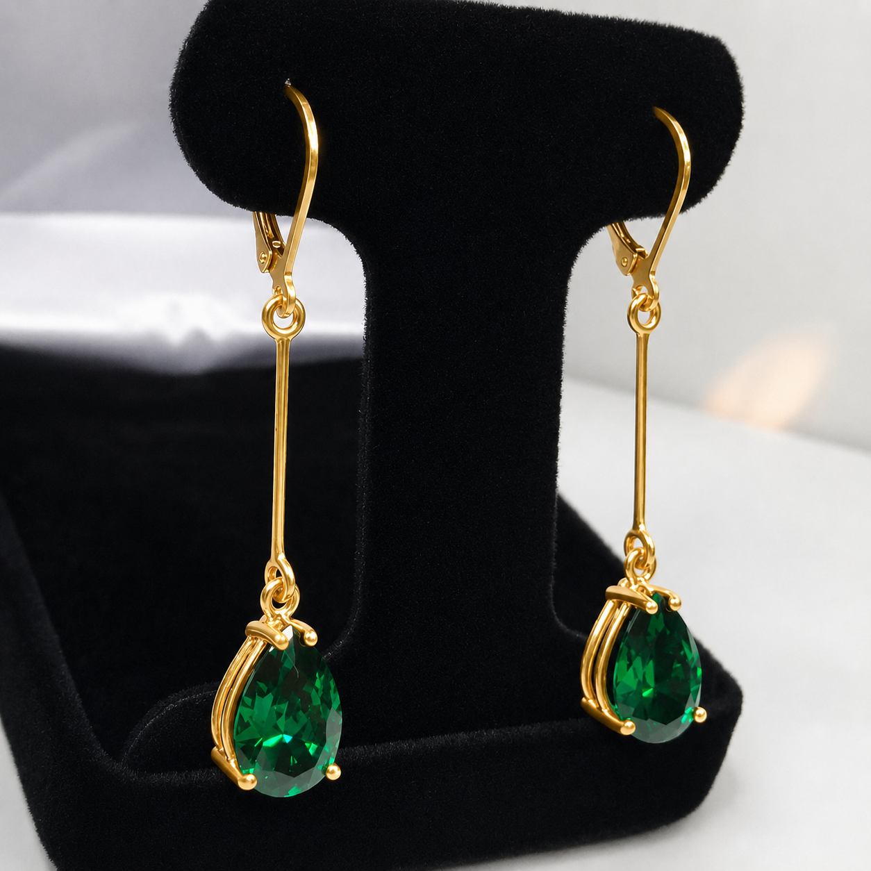 7CTW Pear Cut Emerald Statement Earrings | 2-Inch Long Dangle | Lever Back