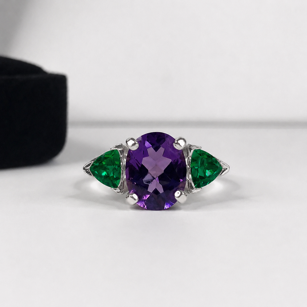 4CTW Oval Cut Amethyst & Trillion Cut Emerald Ring | Mardi Gras Ring