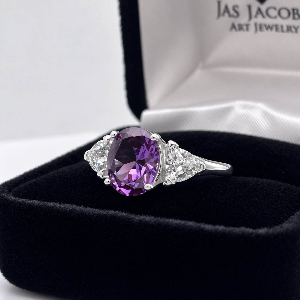 4ctw Color Change Alexandrite Sapphire Ring | Trillion White Sapphires | Three-Stone Ring