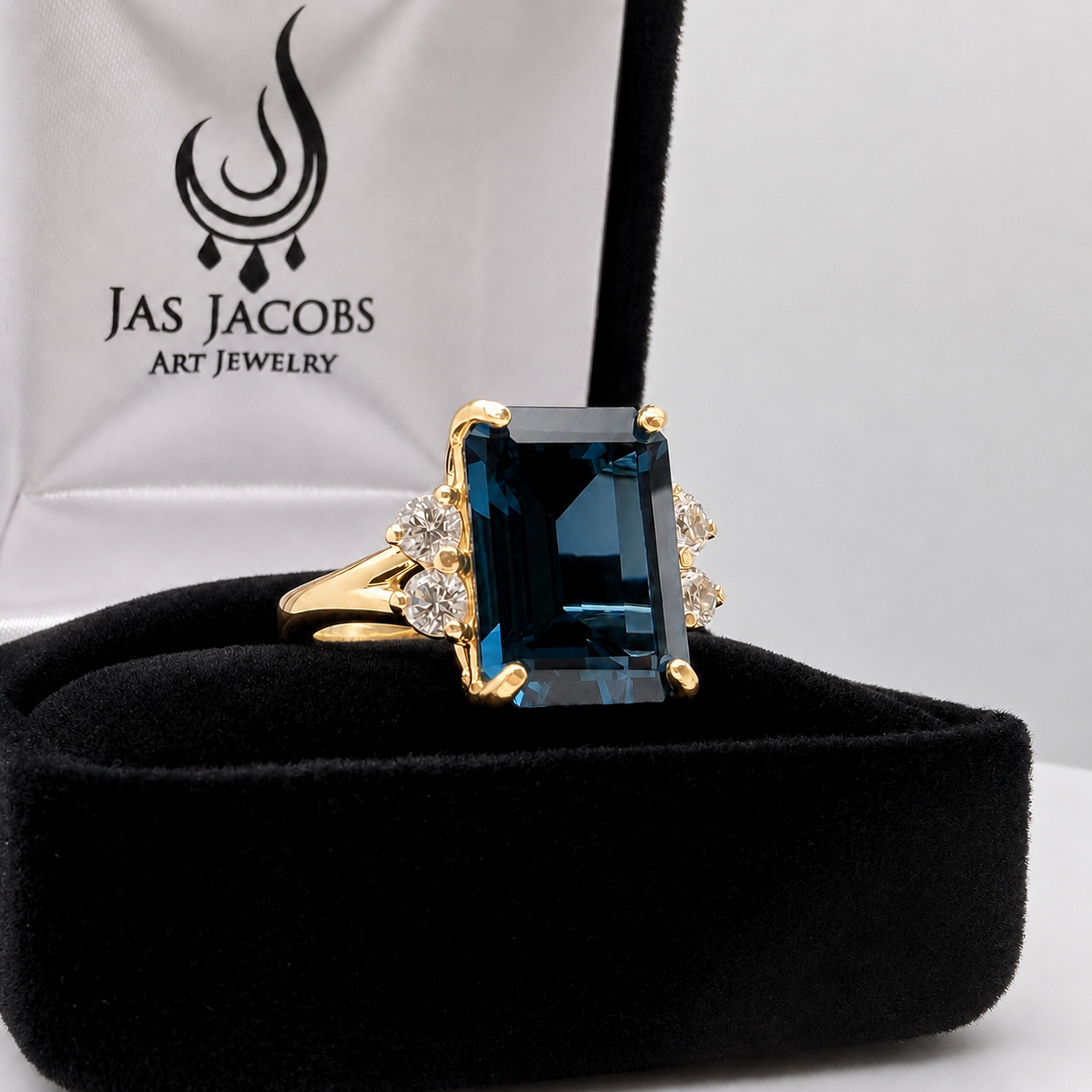 7ct Emerald Cut London Blue Spinel and White Topaz Ring | Split Shank Cathedral Ring | 10k or 14k Gold