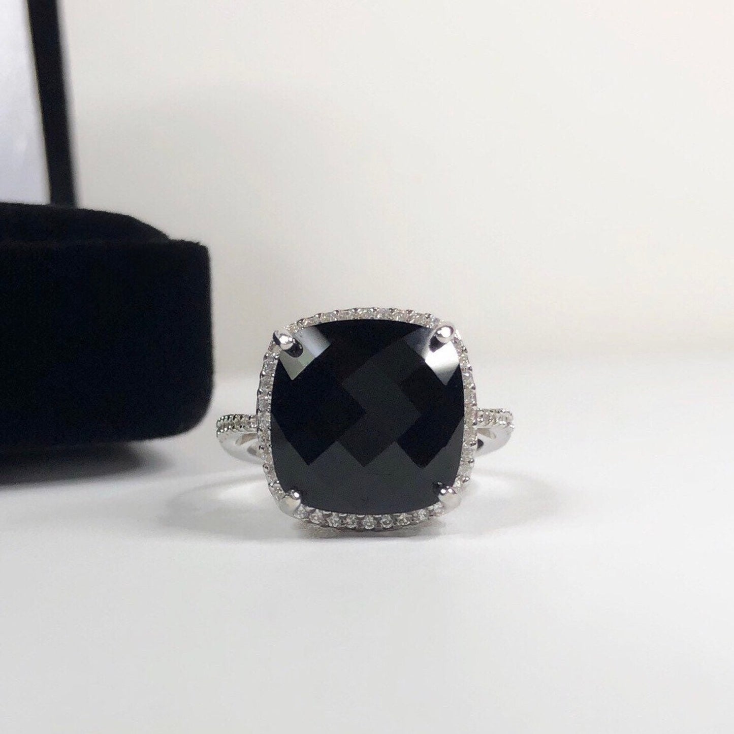 GORGEOUS 12ct Cushion Cut Black Onyx Ring Halo Ring