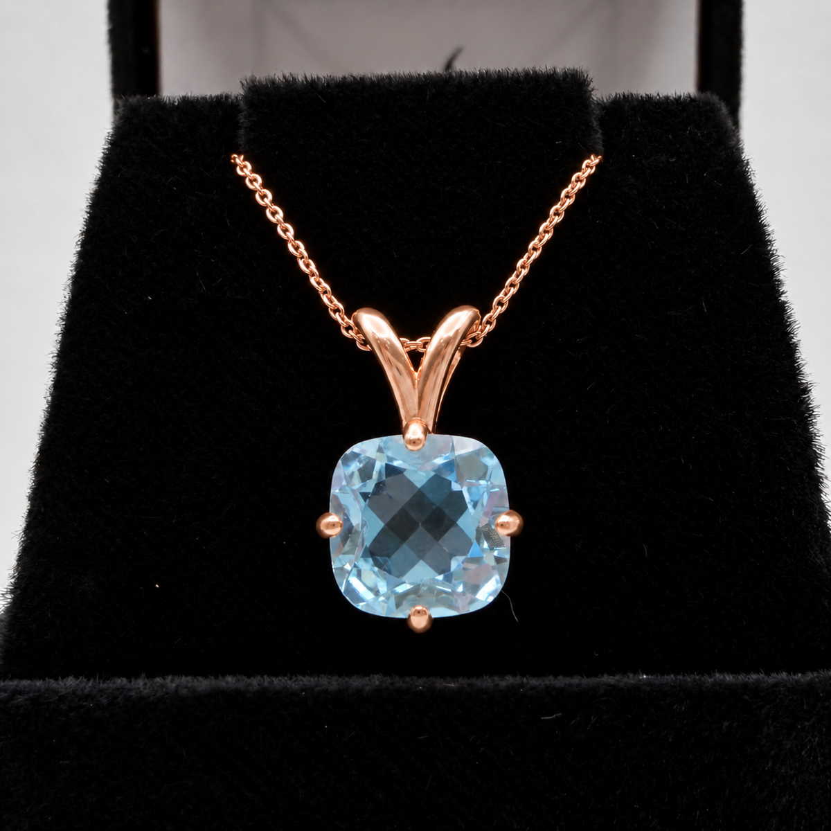 2.5ct Checkerboard Cushion Sky Blue Topaz pendant necklace in Rose Gold