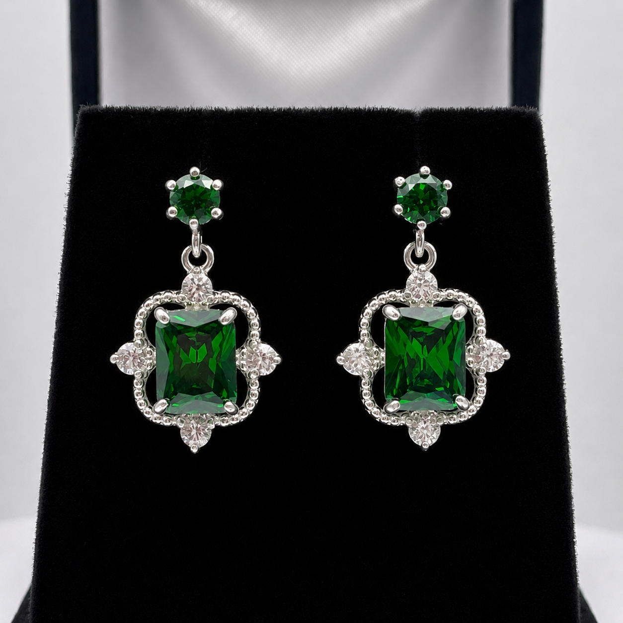10.4ctw Emerald Cut Emerald Earrings White Sapphire Accents