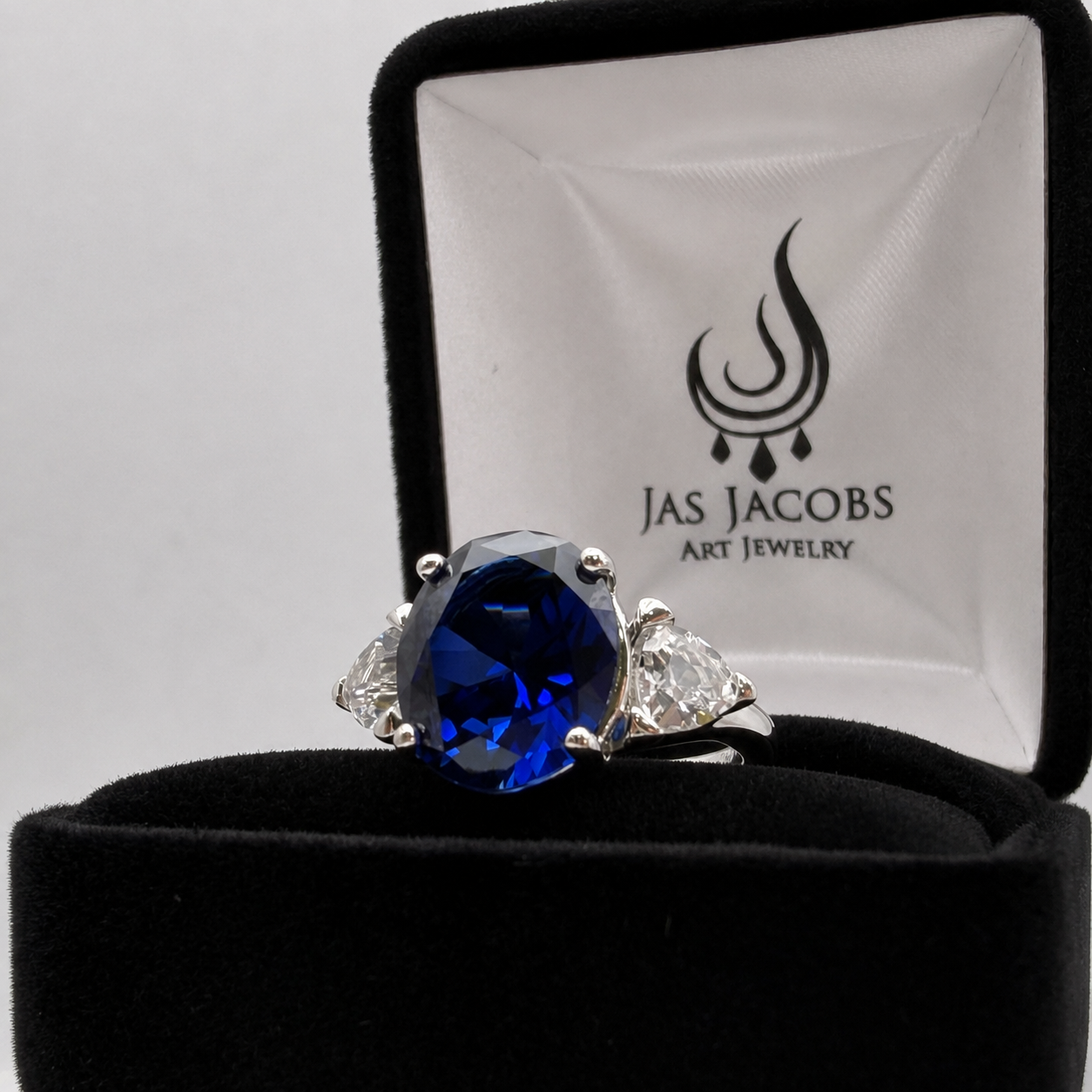 6ctw Oval Cut Blue Sapphire Three Stone Ring | Trillion Cut White Sapphires