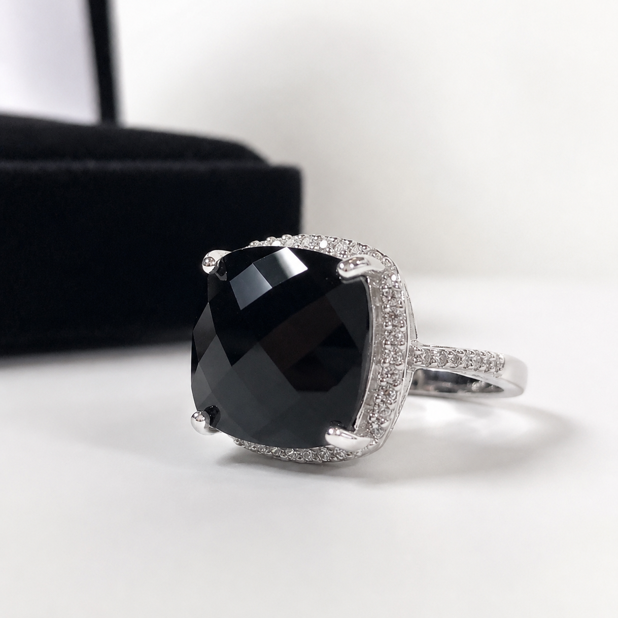 12ct Cushion Cut Black Onyx Halo Ring
