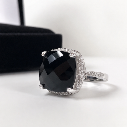 12ct Cushion Cut Black Onyx Halo Ring