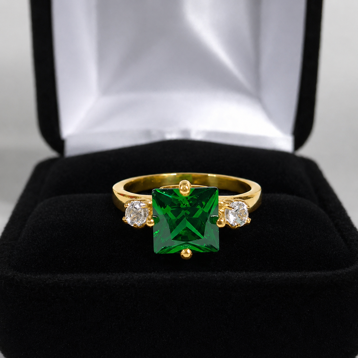 Princess Cut Simulated Emerald & White Sapphire Art Deco Ring