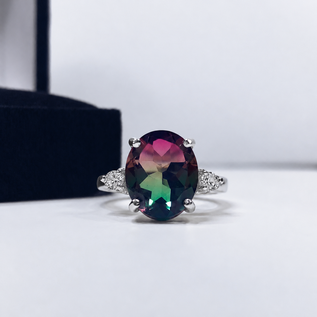 Watermelon Tourmaline Quartz Doublet & White Sapphire Statement Ring