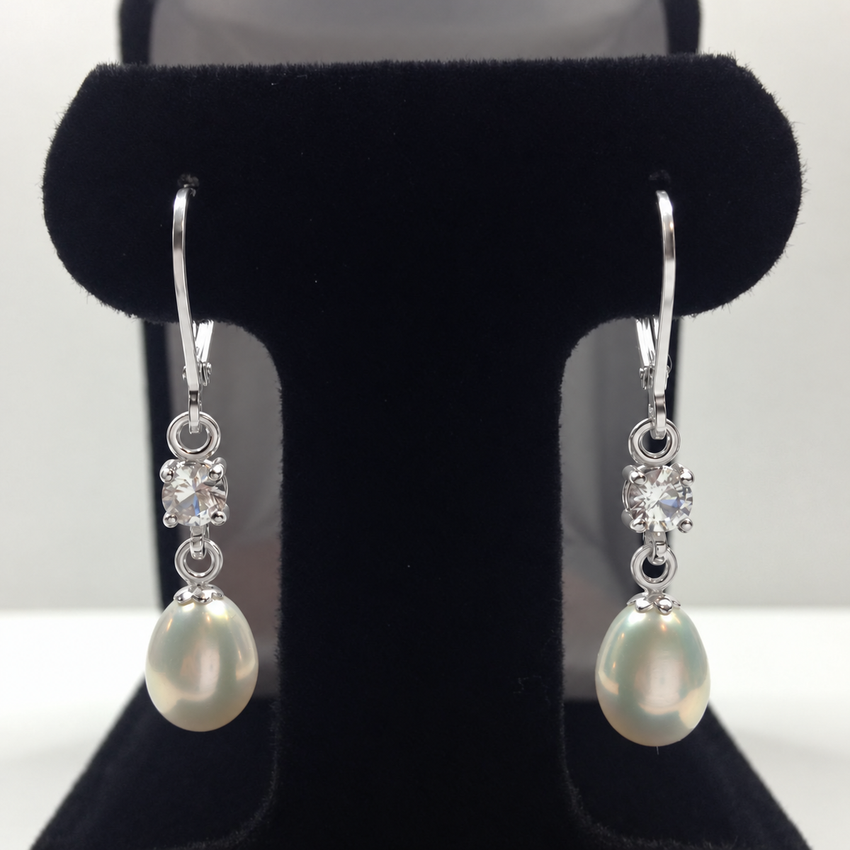Pearl & White Sapphire Leverback Drop Earrings