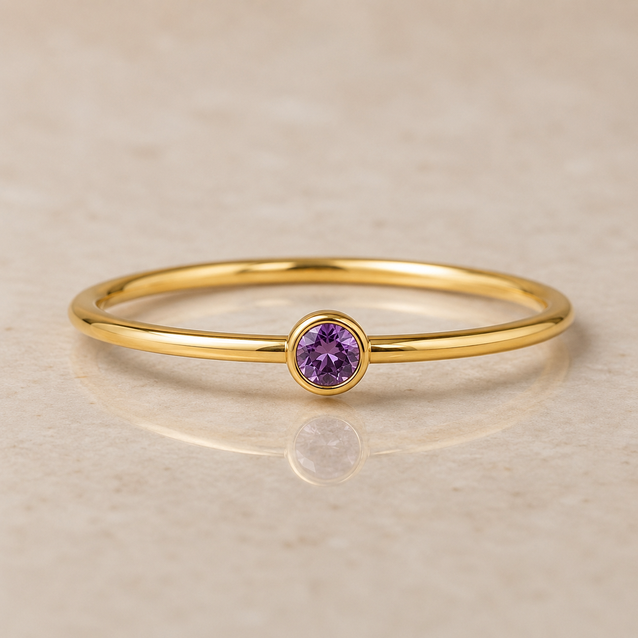 14K Yellow Gold Filled Purple Cubic Zirconia Ring | Dainty Bezel Set Stackable Birthstone Ring