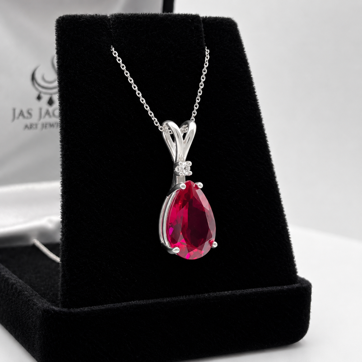 7.5ct Pear Cut Ruby Pendant Necklace with White Sapphire Accent