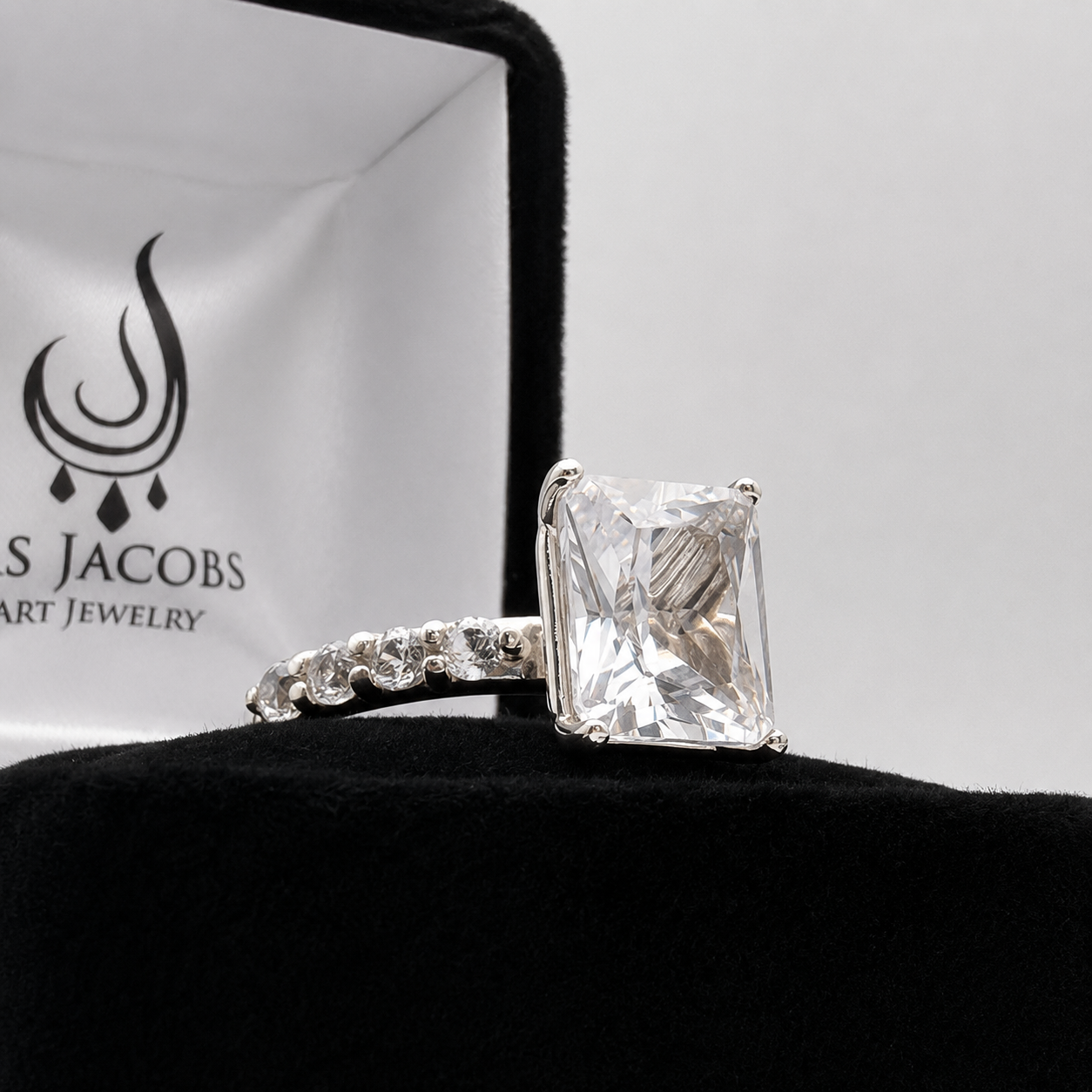 4CT Emerald Cut White Sapphire Ring | 0.64 CTW Diamond Accent Engagement Ring