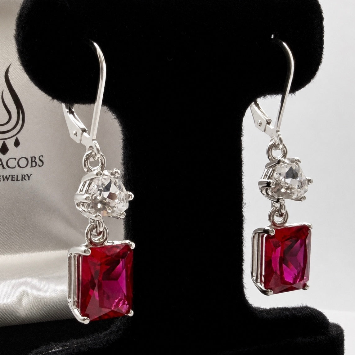 9ctw Emerald Cut Ruby & White Sapphire Dangle Earrings