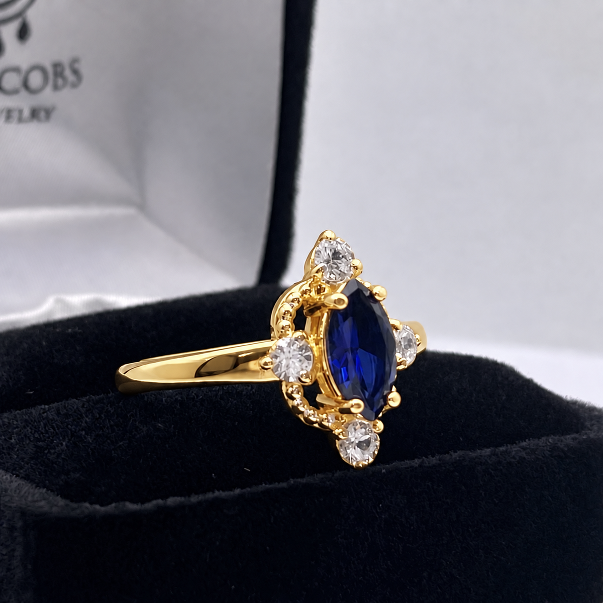 Marquise Sapphire & Diamond Navette Ring in Solid Gold