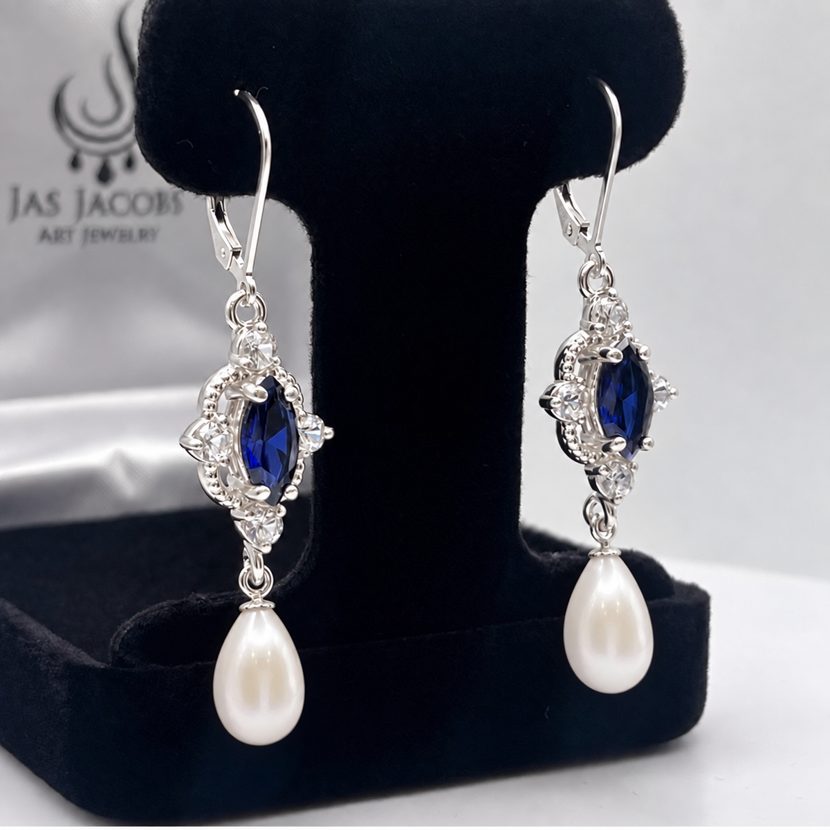 Blue Sapphire & Pearl Vintage Inspired Dangle Earrings