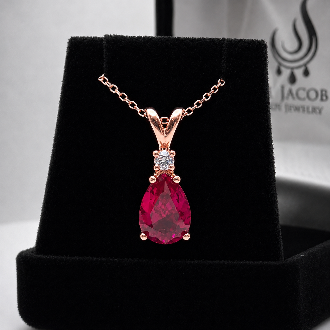 2.2CT Pear Cut Ruby Pendant Necklace | Diamond Accent