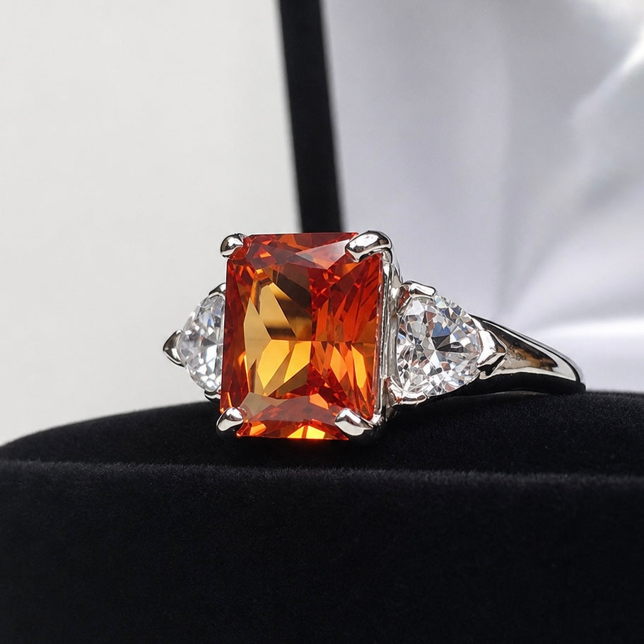 5.5ct Emerald Cut Padparadscha Sapphire Ring | Trillion Cut White Sapphire Three Stone Ring