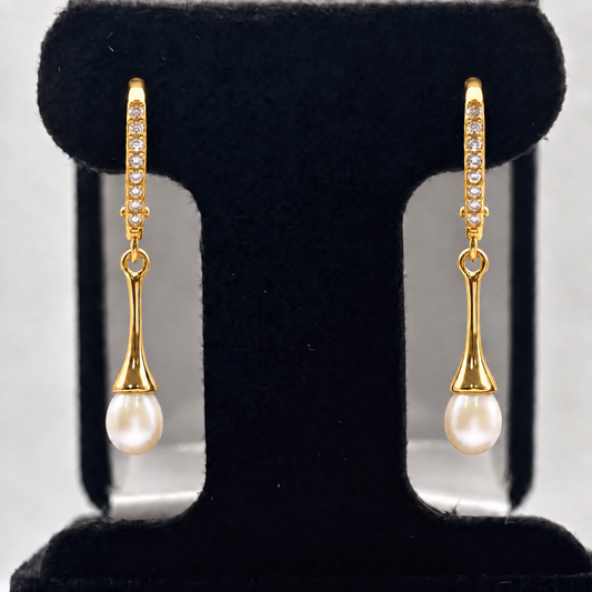 Pearl & Cubic Zirconia Fluted Dangle Earrings