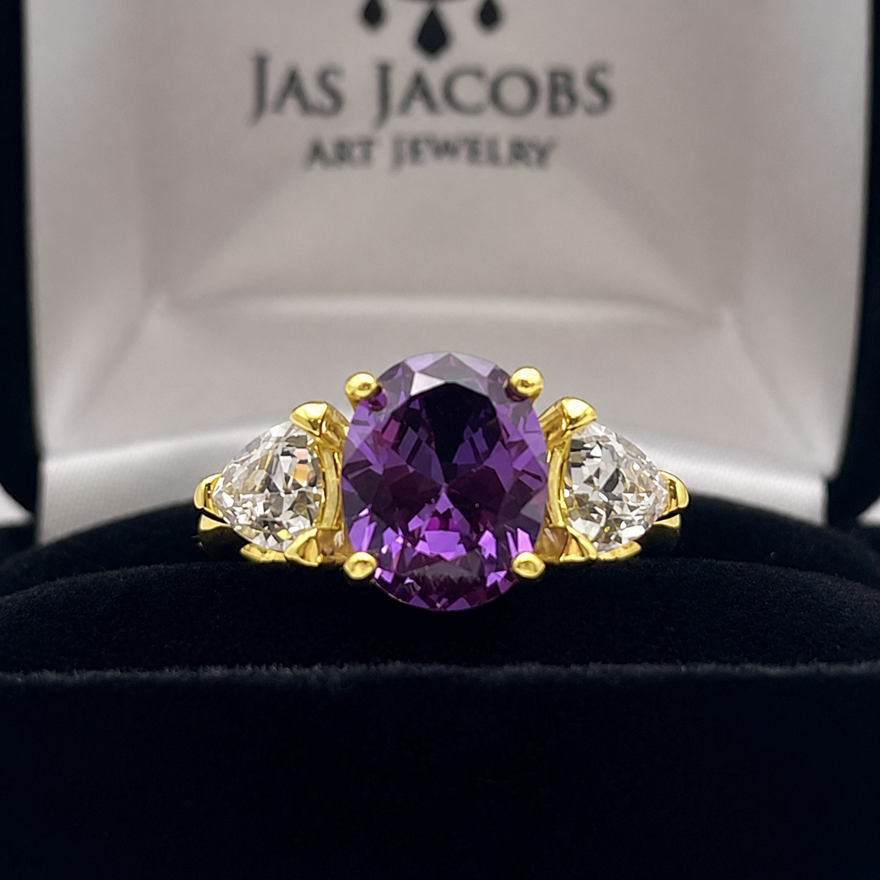 4ctw Color Change Alexandrite Sapphire Ring | Trillion White Sapphires | Three-Stone Ring