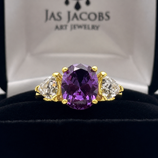 4ctw Color Change Alexandrite Sapphire Ring | Trillion White Sapphires | Three-Stone Ring