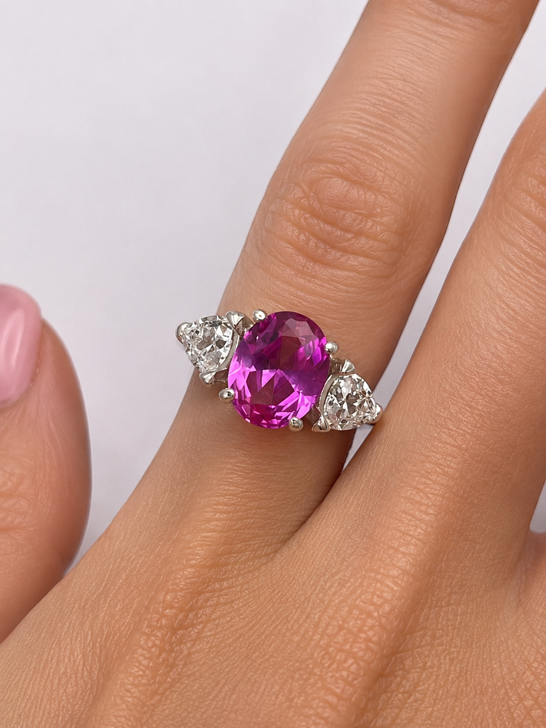 Vivid Pink Sapphire & White Sapphire Three-Stone Ring