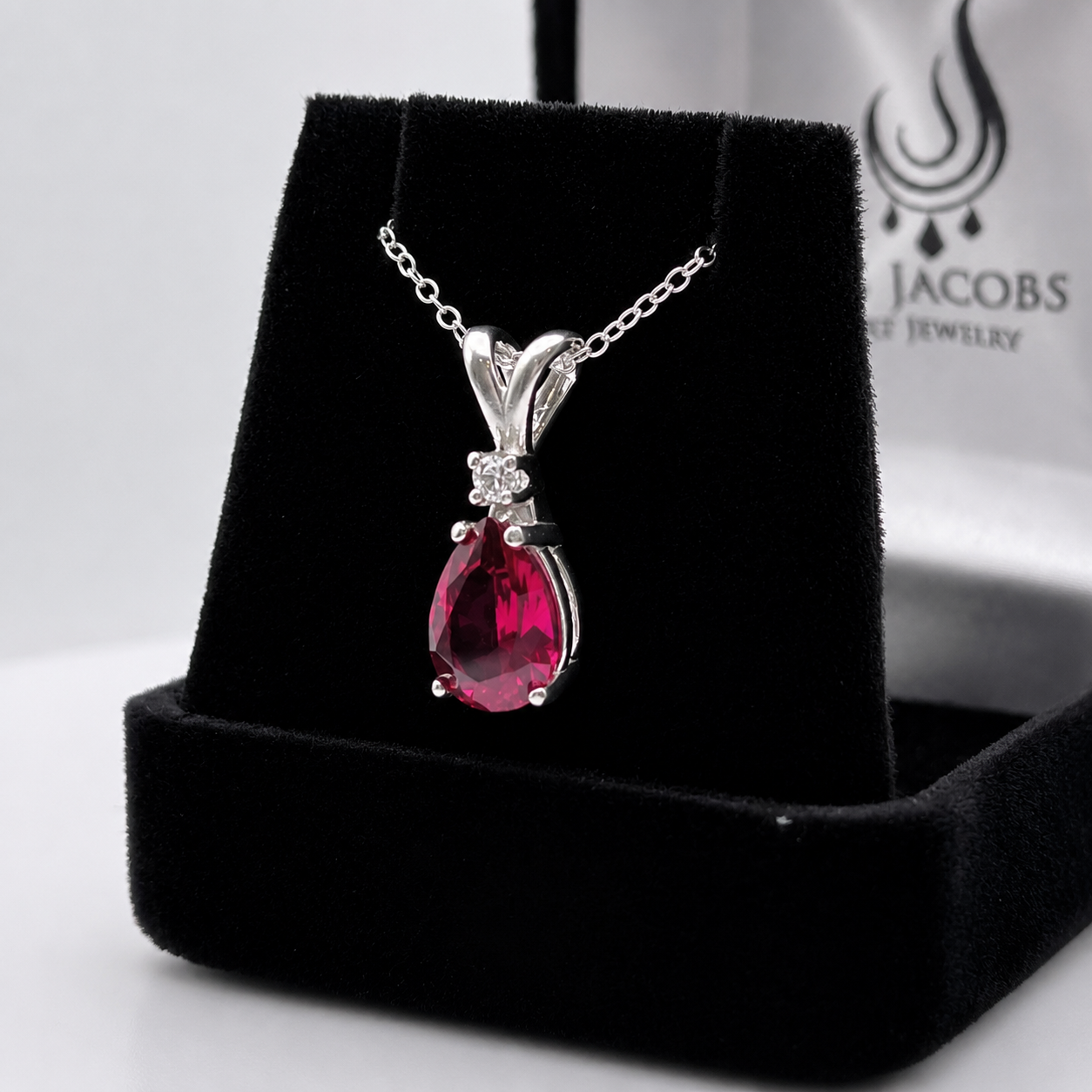 2.2CT Pear Cut Ruby Pendant Necklace | Diamond Accent