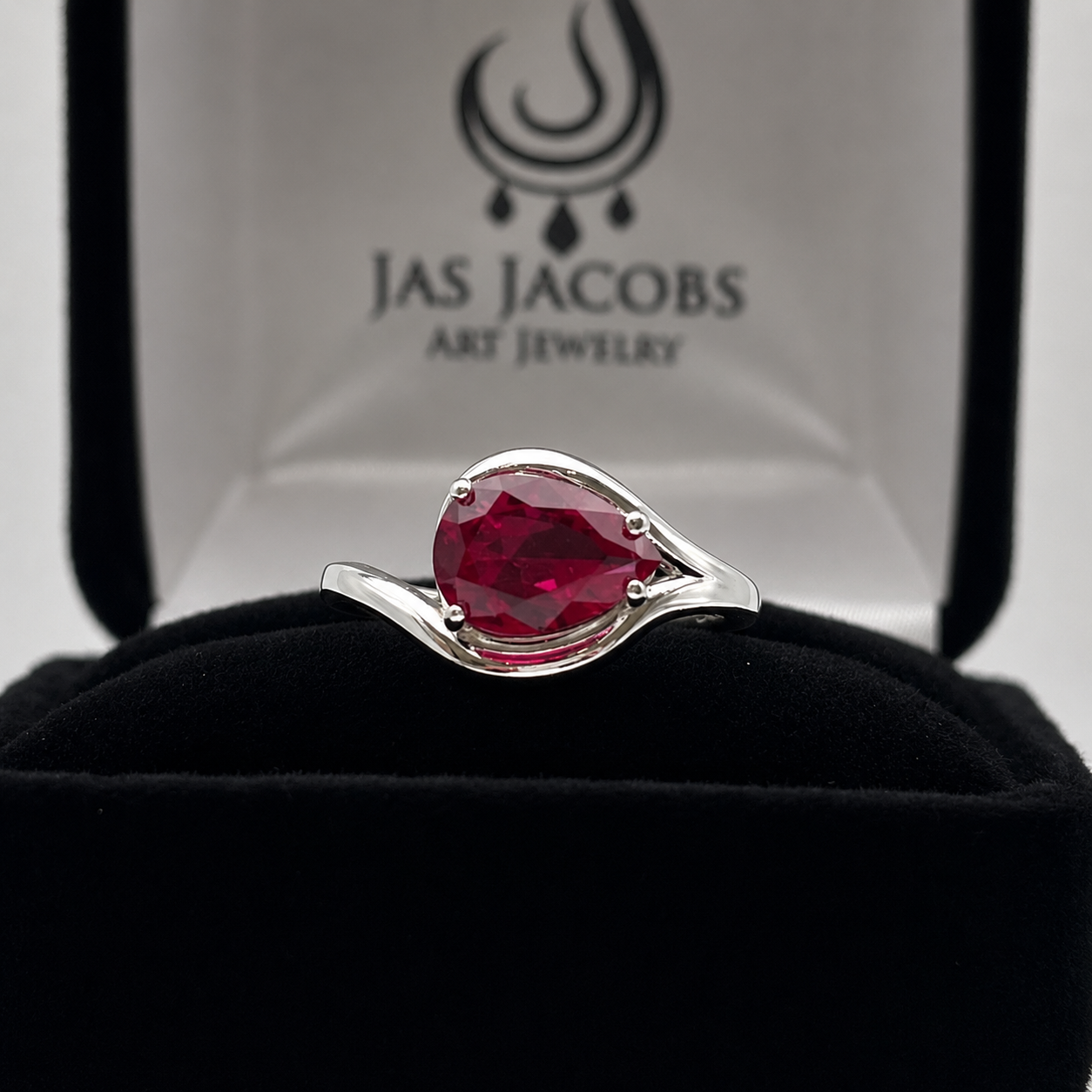 Pear Cut Side Set Ruby Ring | Elegant Arabesque Solitaire Ruby Ring | Available in Sterling Silver & 10K or 14K Gold