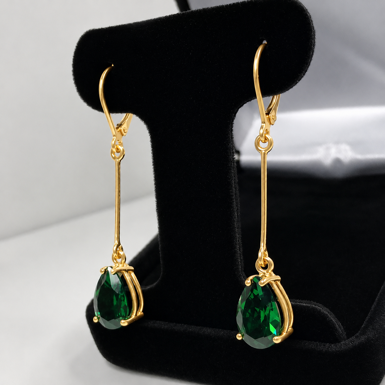 7CTW Pear Cut Emerald Statement Earrings | 2-Inch Long Dangle | Lever Back